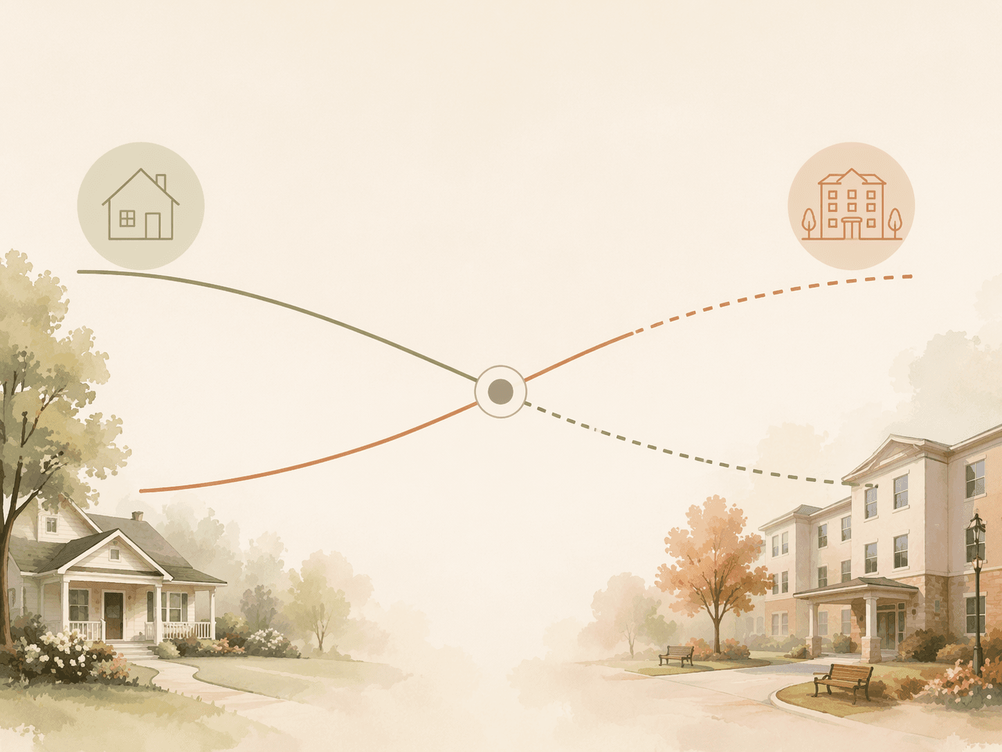 Illustration of home care and assisted living cost lines crossing at a break-even point