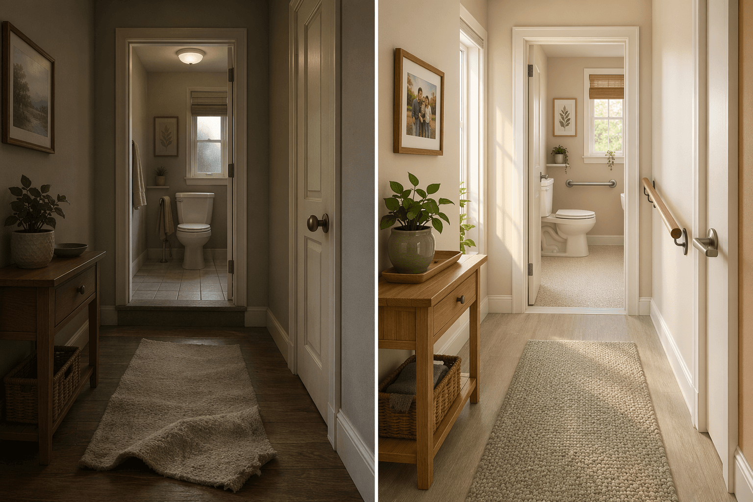 A split-view digital illustration of a home interior: left side shows an unmodified hallway and bathroom with dim lighting, a loose rug, a high step, and a round doorknob; right side shows the same space after modifications with a handrail, grab bar near toilet, non-slip flooring, lever-style door handle, warm natural light, a plant, and a framed photo — in soft beiges, warm grays, and sage green tones.
