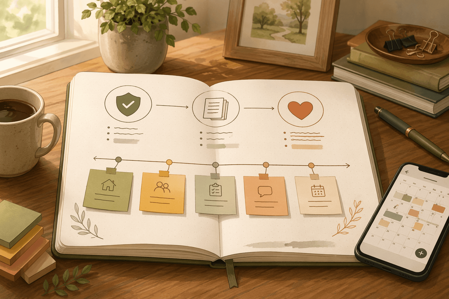 A wooden desk with an open notebook showing visual notes with icons for safety, documents, and wellbeing arranged in a left-to-right flow. Warm sticky notes, a smartphone, and a coffee mug sit nearby.