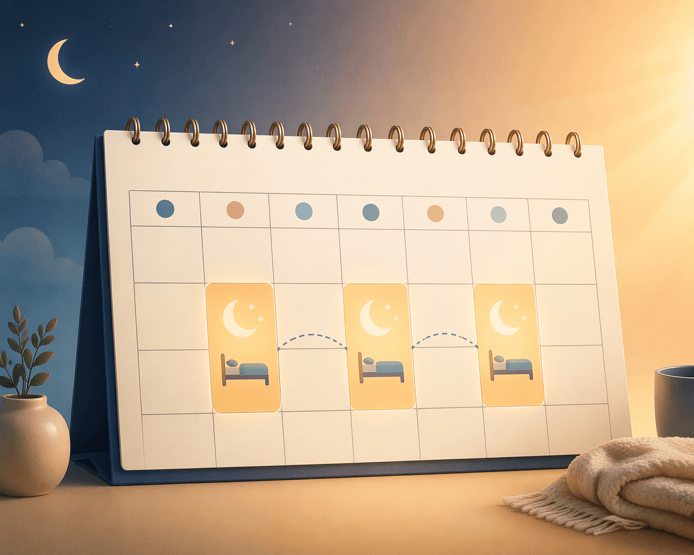 An editorial illustration of a weekly calendar with three highlighted rest markers spaced every few days. Small bed-and-moon icons appear on the highlighted nights against a warm gradient background with amber and soft blue tones, conveying the concept of periodic recovery nights for caregivers.