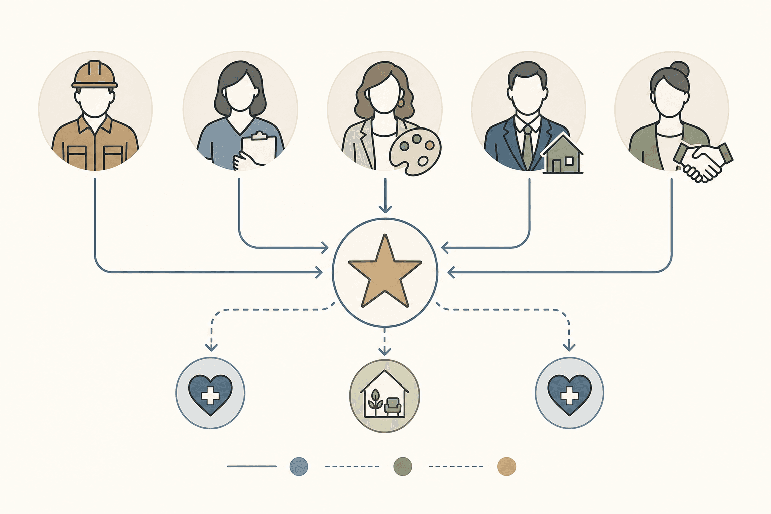 A flowchart-style editorial illustration with five icon silhouettes representing a contractor, occupational therapist, interior designer, real estate agent, and social worker, with directional arrows flowing toward a central star icon representing CAPS certification, using earth tones and minimalist modern style.