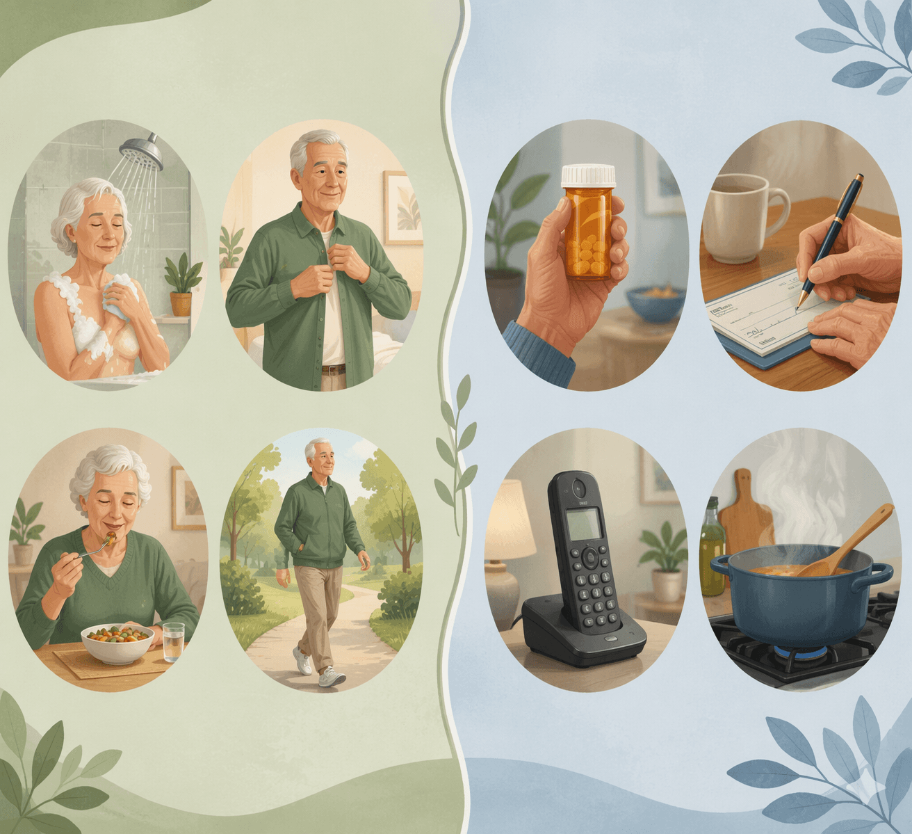 Split editorial illustration with simple icons representing Activities of Daily Living (bathing, dressing, eating, walking) on the left and Instrumental Activities of Daily Living (medication management, check-writing, phone use, cooking) on the right, separated by a soft visual divider in muted sage green and soft blue tones.