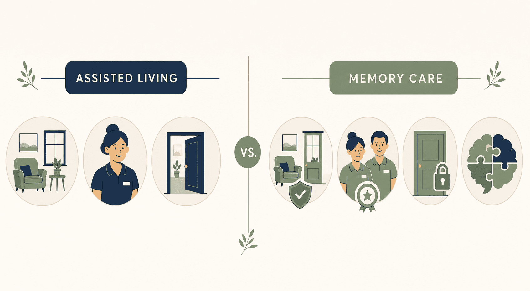 Two rows of icons comparing assisted living features with memory care features.