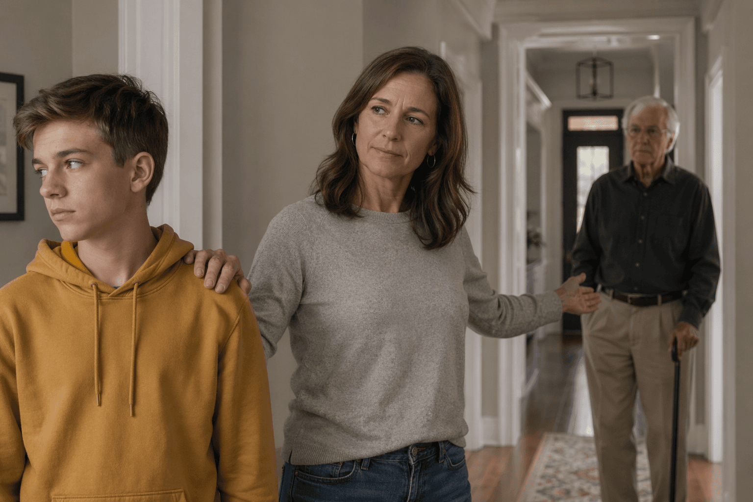 Woman standing between a teenager and an older adult with a cane in a home hallway