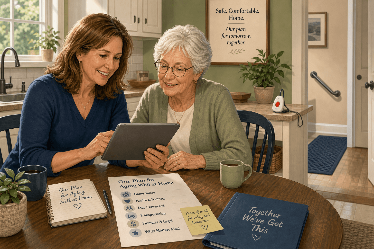 A middle-aged daughter and her elderly mother sit together at a warm kitchen table, looking at a tablet. The kitchen has a grab bar near the doorway, a non-slip floor mat, and an emergency alert pendant on the counter. Both wear casual home clothing and have engaged, optimistic expressions.