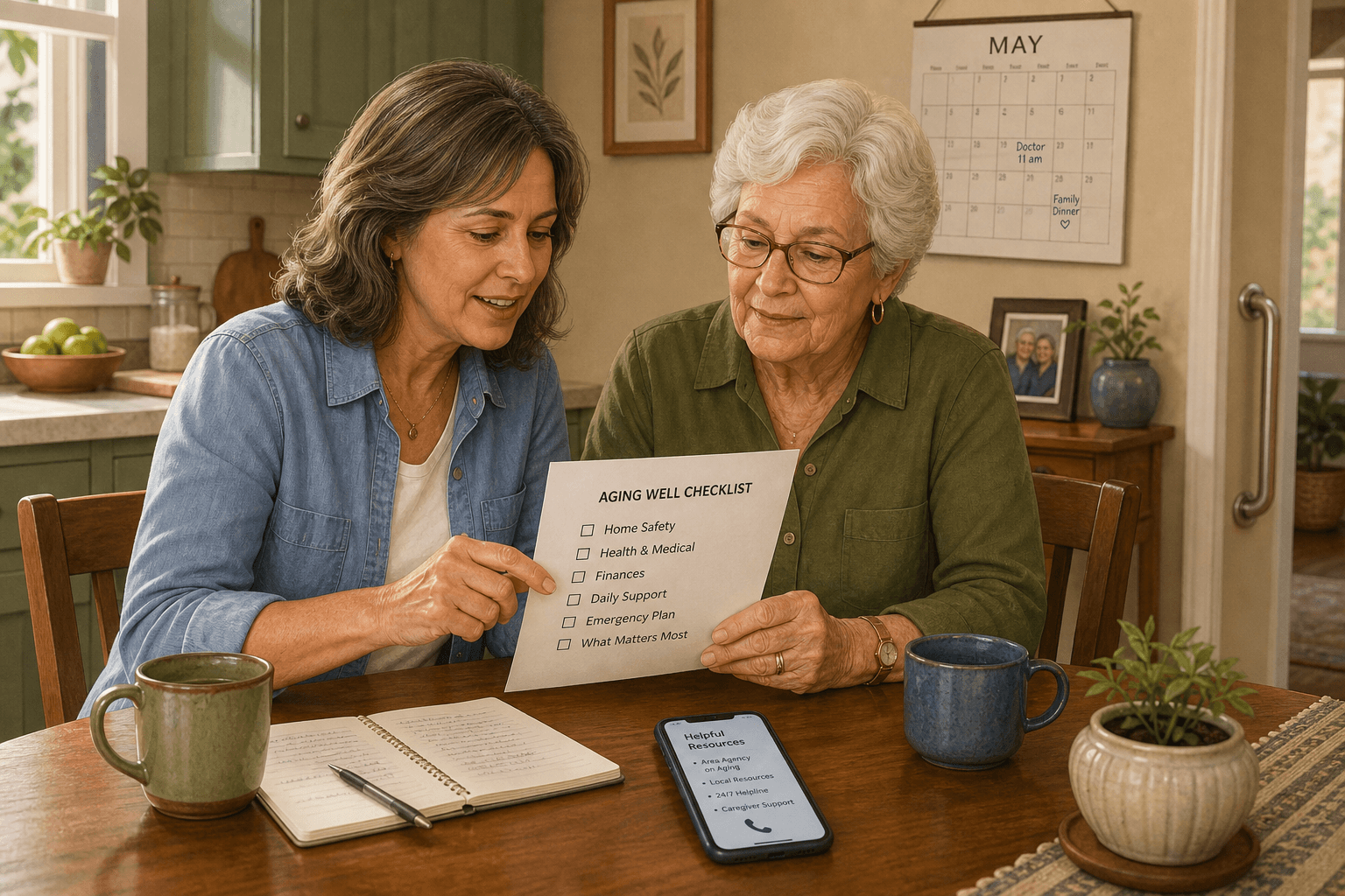 An adult child and an elderly parent sitting at a kitchen table reviewing a checklist together, with a coffee mug, notebook, and smartphone on the table.