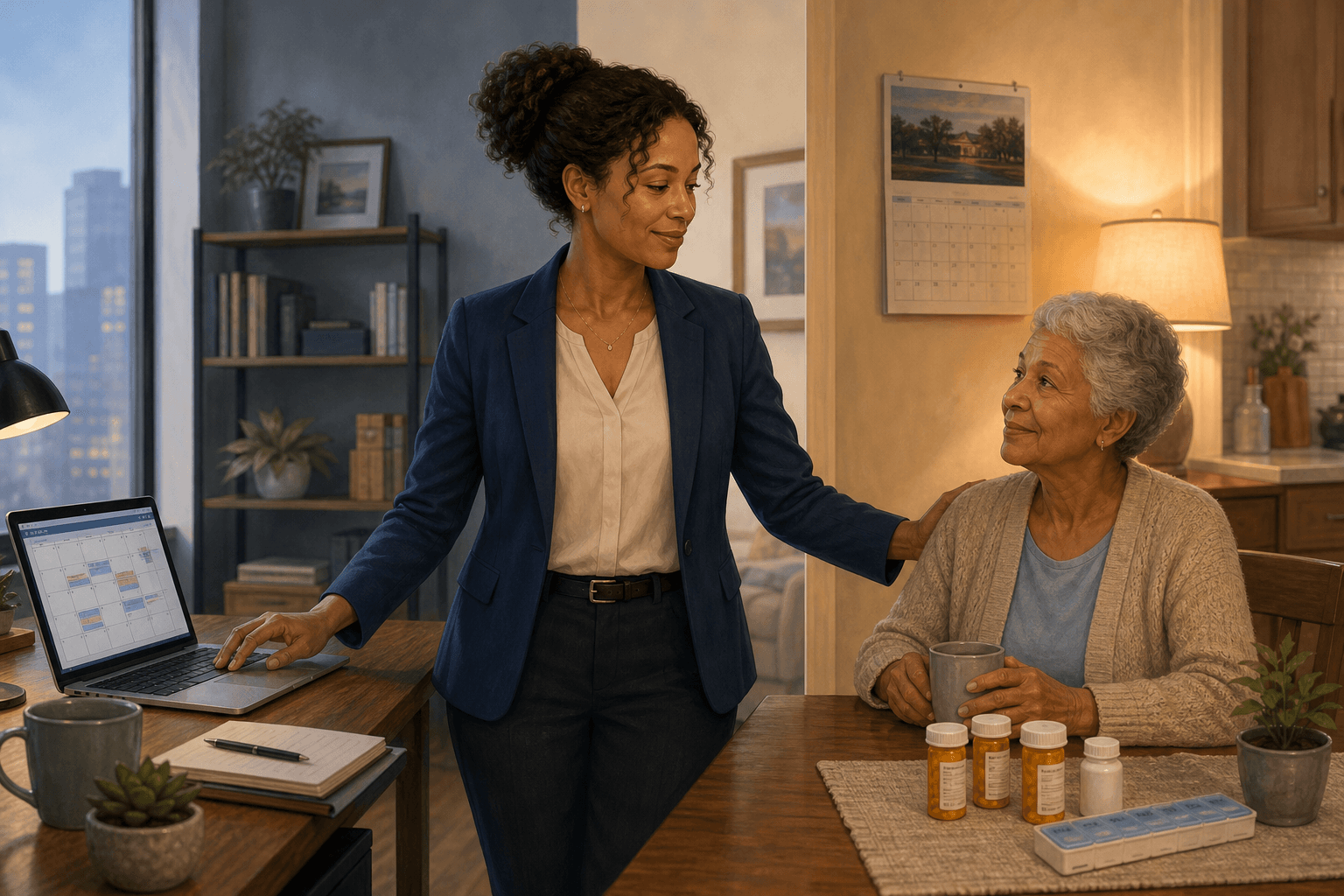Split-composition illustration: a professional workspace on the left, a warm home setting with an older adult on the right, and a calm caregiver at the center reaching toward both sides.