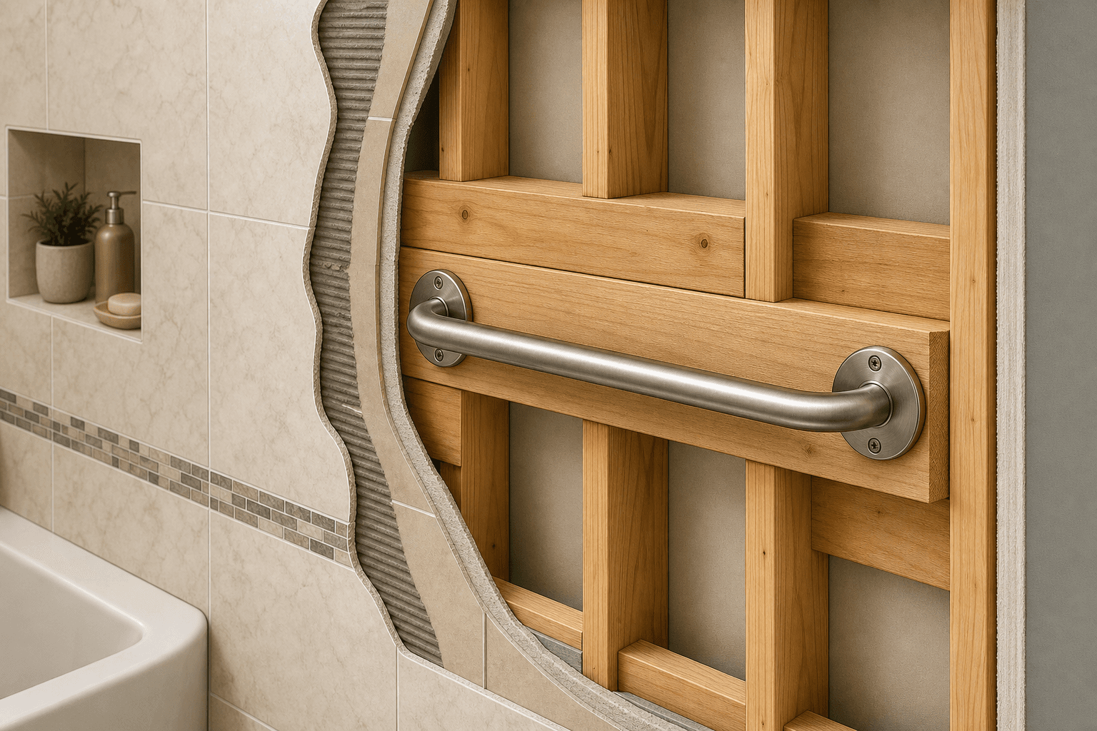 Cross-section cutaway illustration of a bathroom wall with finished tile partially removed to reveal wood blocking installed between wall studs positioned for secure grab bar mounting, showing hidden structural reinforcement behind the surface finish.