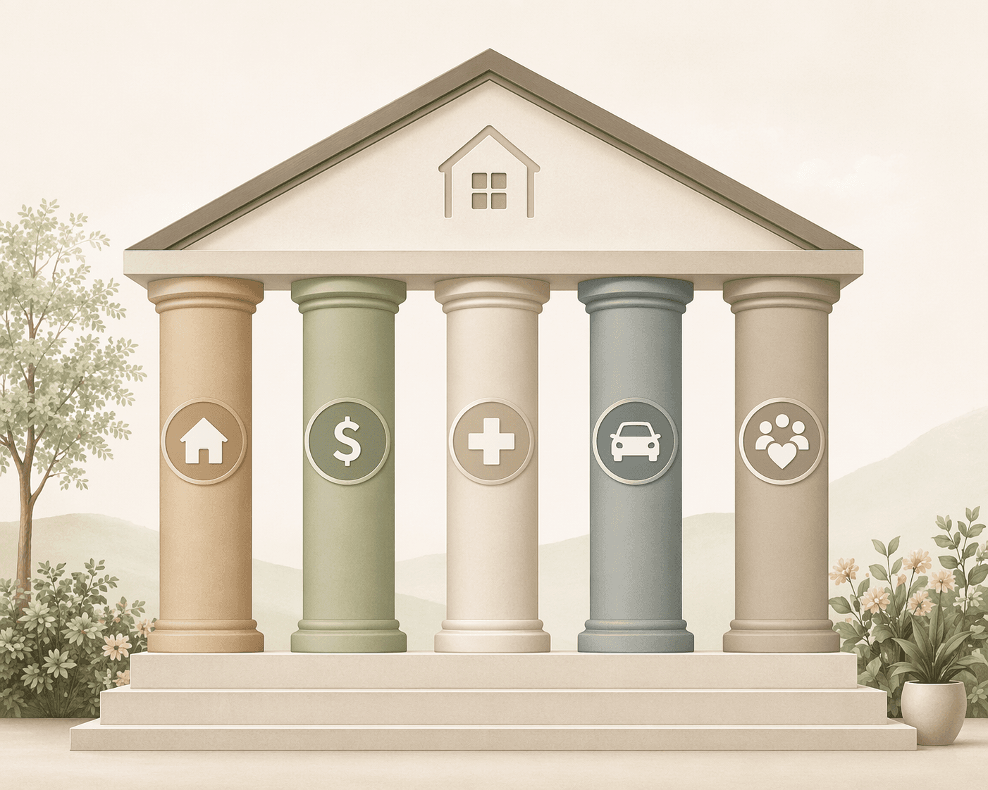 An editorial illustration of five vertical pillars labeled with icons for home, finances, healthcare, transportation, and social engagement, supporting a safe-home icon above.