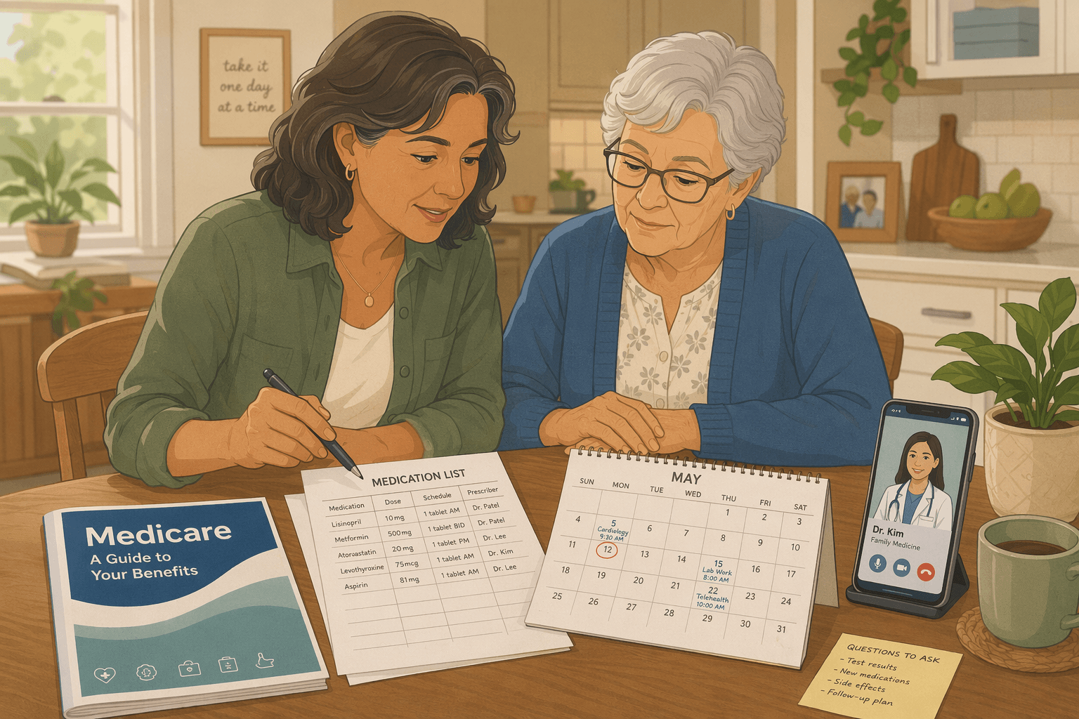 An adult child and an older parent sit together at a home kitchen table with papers spread out: a Medicare booklet, a printed medication list, a calendar with appointment dates, and a smartphone showing a telehealth screen.