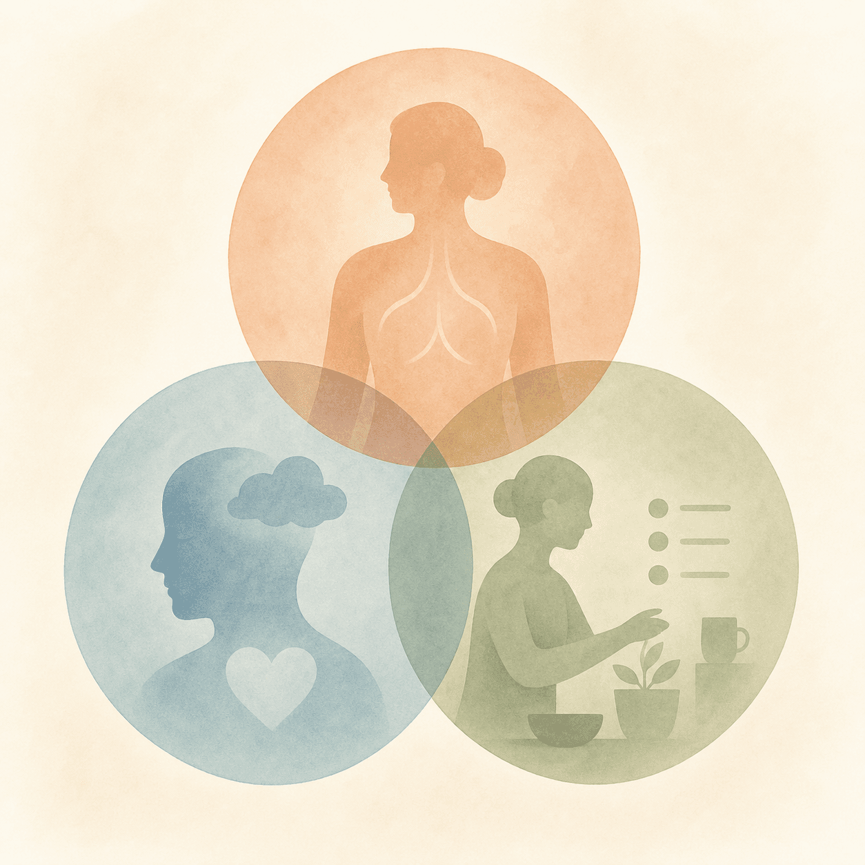 Abstract editorial illustration showing three interconnected circles in a triangular layout, each containing a subtle icon representing physical well-being, emotional state, and behavioral patterns. Soft overlapping areas between circles indicate the domains interact.
