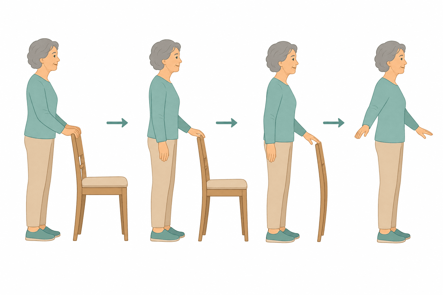 A four-step illustrated sequence showing older adult silhouettes progressing from two hands on a chair, to one hand, to fingertips, to hands free.