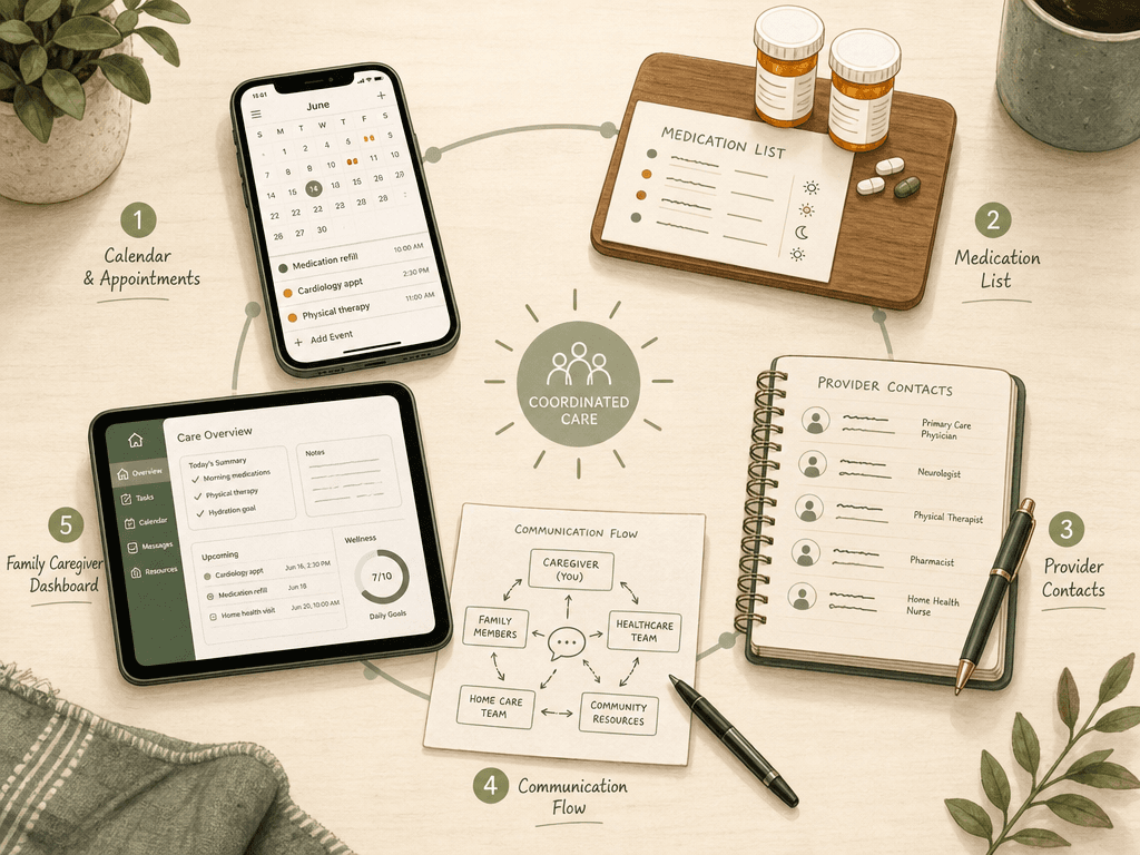 An editorial flat-lay illustration on a warm desk surface showing five coordination tools arranged in a circle: a smartphone with calendar interface, medication bottles with a list, a notebook with provider contacts, a paper communication flow diagram, and a tablet with a caregiver dashboard, conveying an organized coordination system in minimalist warm tones.