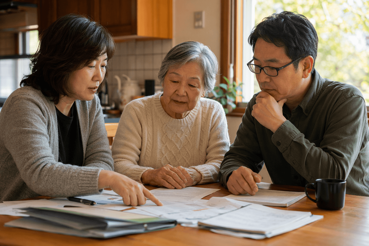 Two adult siblings in their 40s-50s sit at a wooden kitchen table with their elderly mother, papers and notebooks spread across the table, one sibling pointing at a document, natural sunlight streaming through a window, warm earth tones