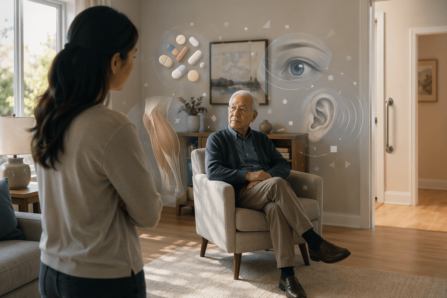Older adult in a safer living room with an adult child nearby and abstract symbols for hidden fall risks
