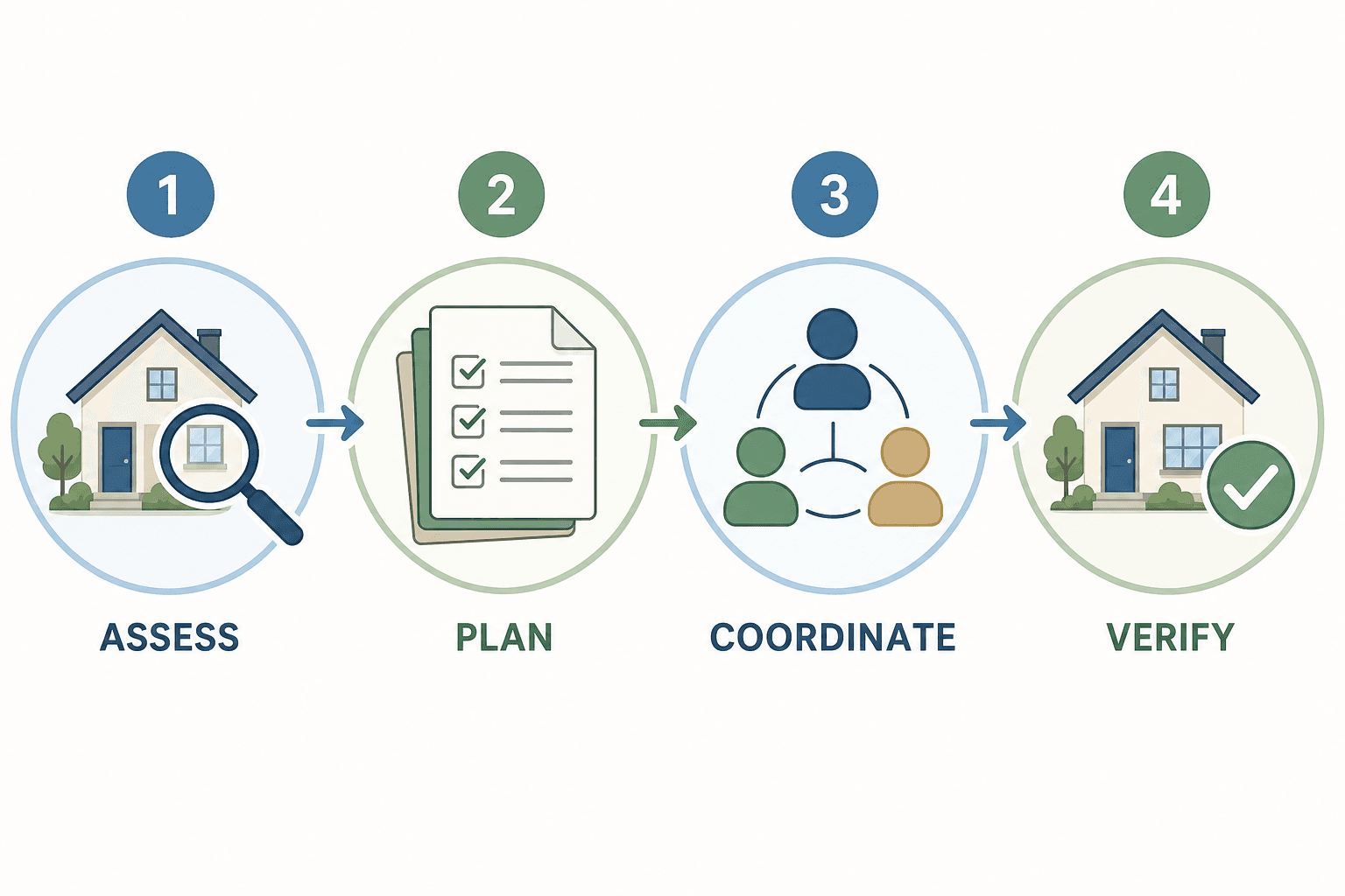 Four-step process flow showing the CAPS contractor workflow: whole-home safety walkthrough, prioritized modification plan, contractor coordination, and post-completion walk-through.