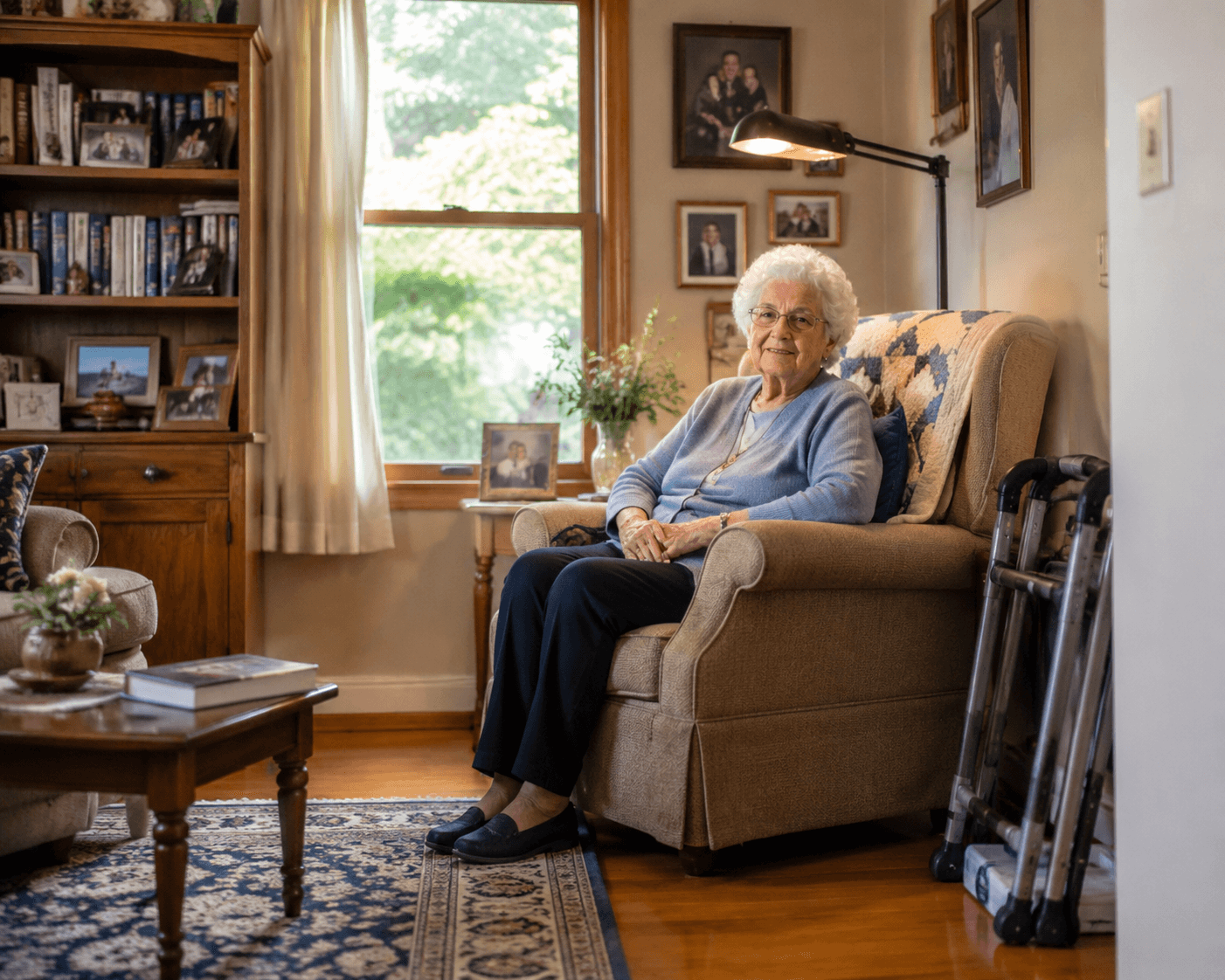 Older woman seated in a sunlit living room with clear walking paths, task lighting, and a folded walker nearby