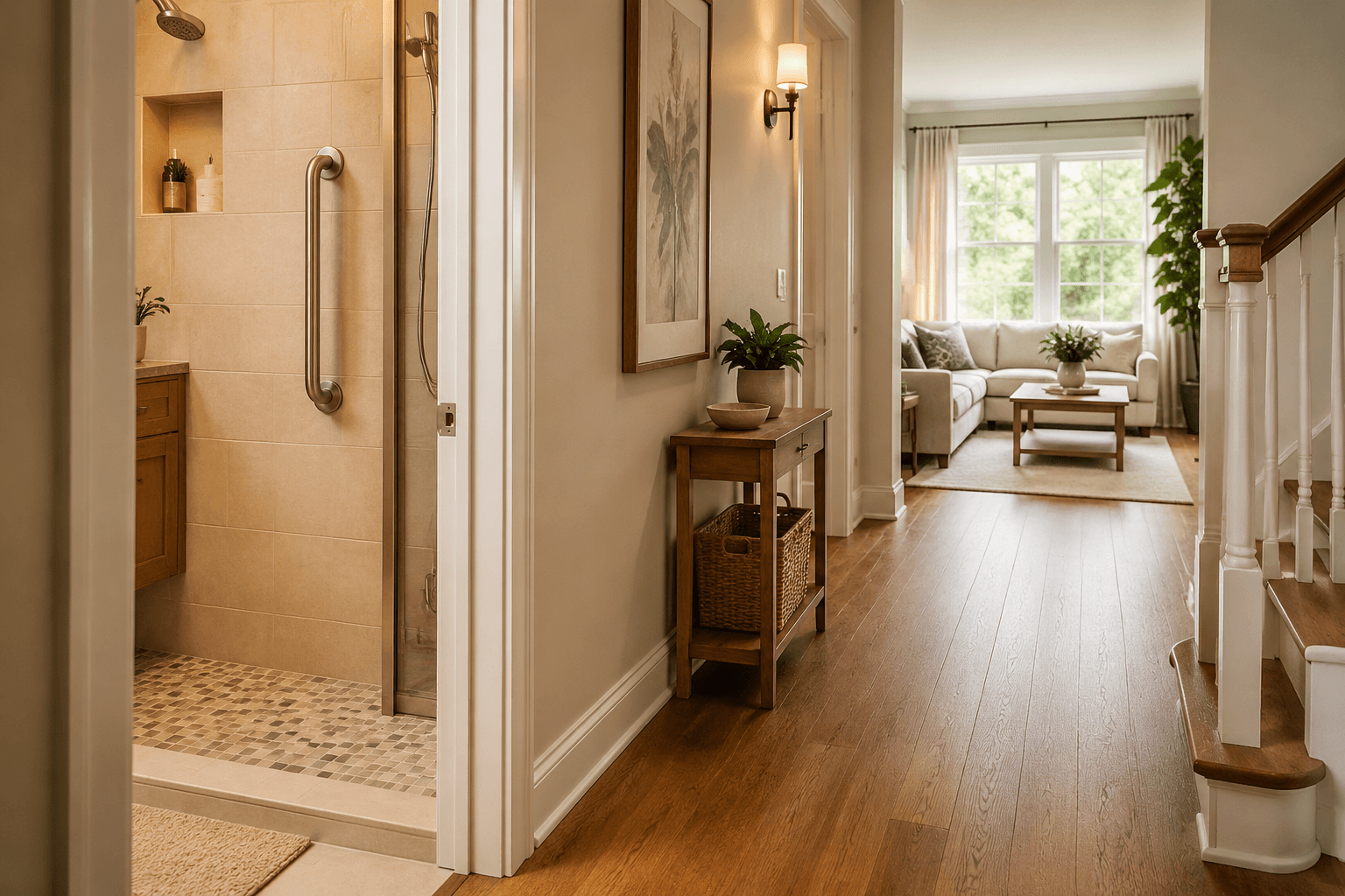 A clear, sunlit home hallway with an uncluttered walking path and a grab bar visible through an open bathroom doorway
