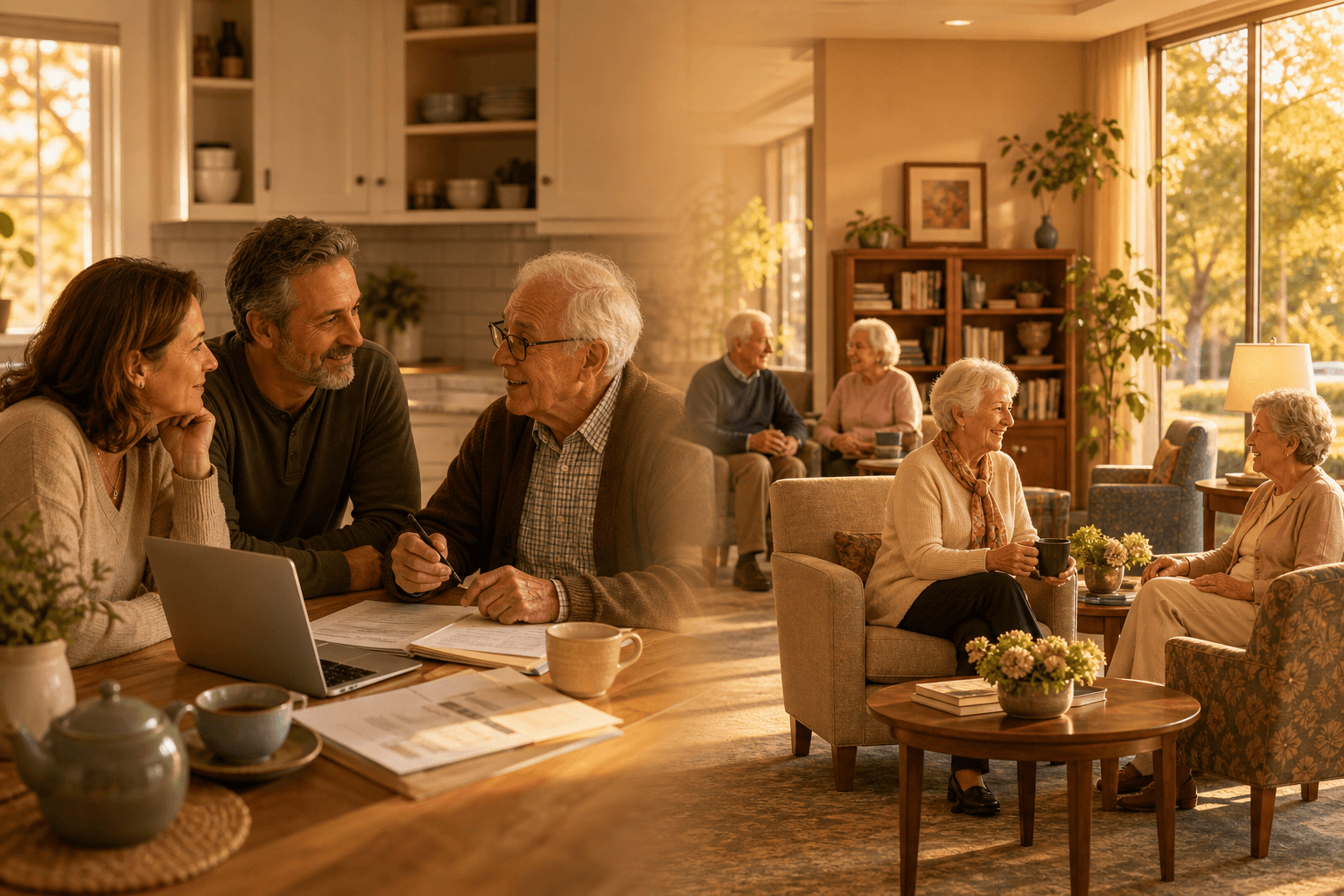 Split illustration showing a family conversation at a kitchen table on the left, transitioning into a calm assisted living common room with seniors socializing near sunlit windows on the right; golden-hour palette.