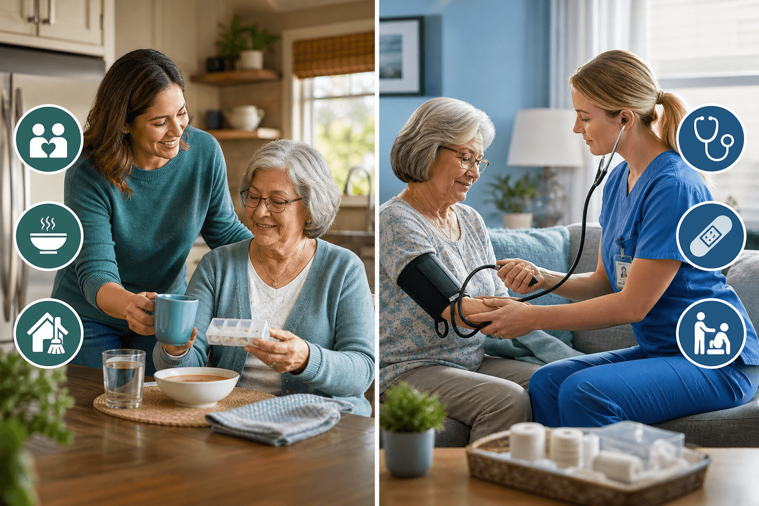Side-by-side comparison of home care (nonmedical companion in a kitchen) and home health care (nurse checking blood pressure).