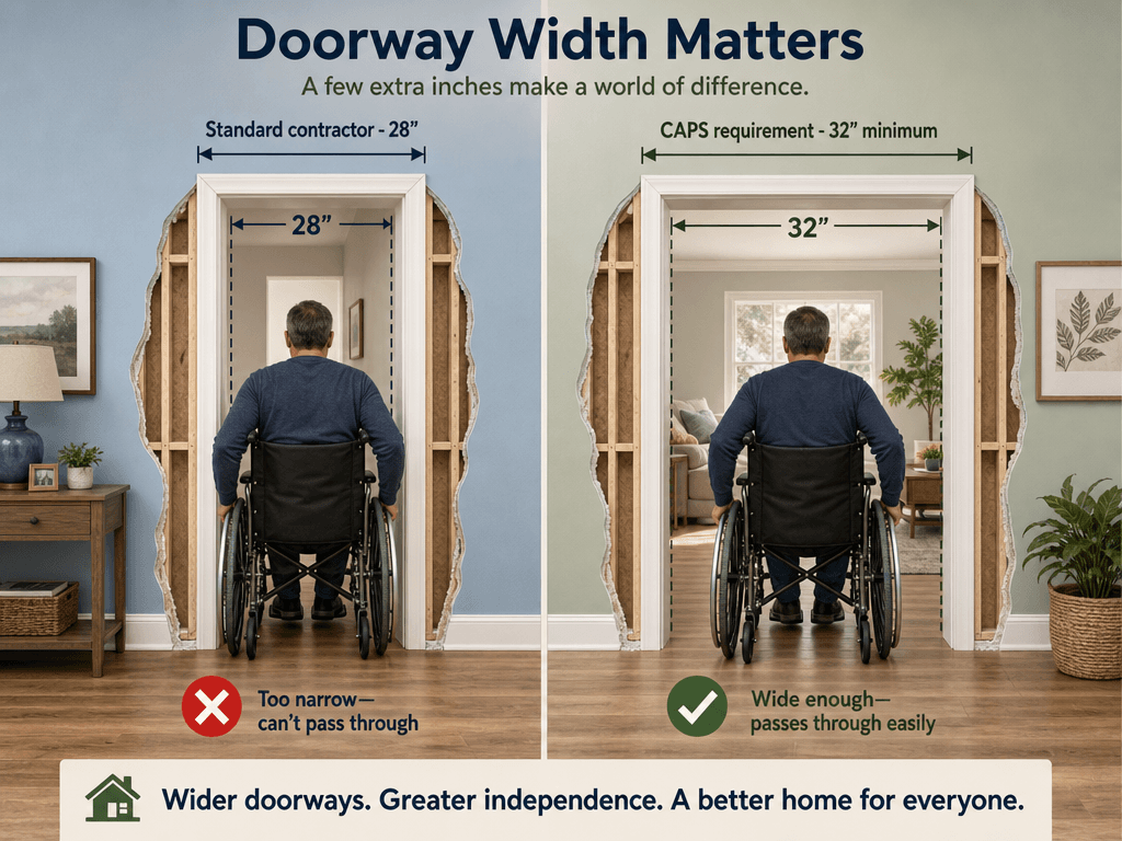 Split-comparison illustration of home doorways: on the left, a standard 28-inch doorway with a person in a wheelchair unable to pass through and a red X marker; on the right, a 32-inch doorway with a person in a wheelchair passing through easily and a green checkmark.