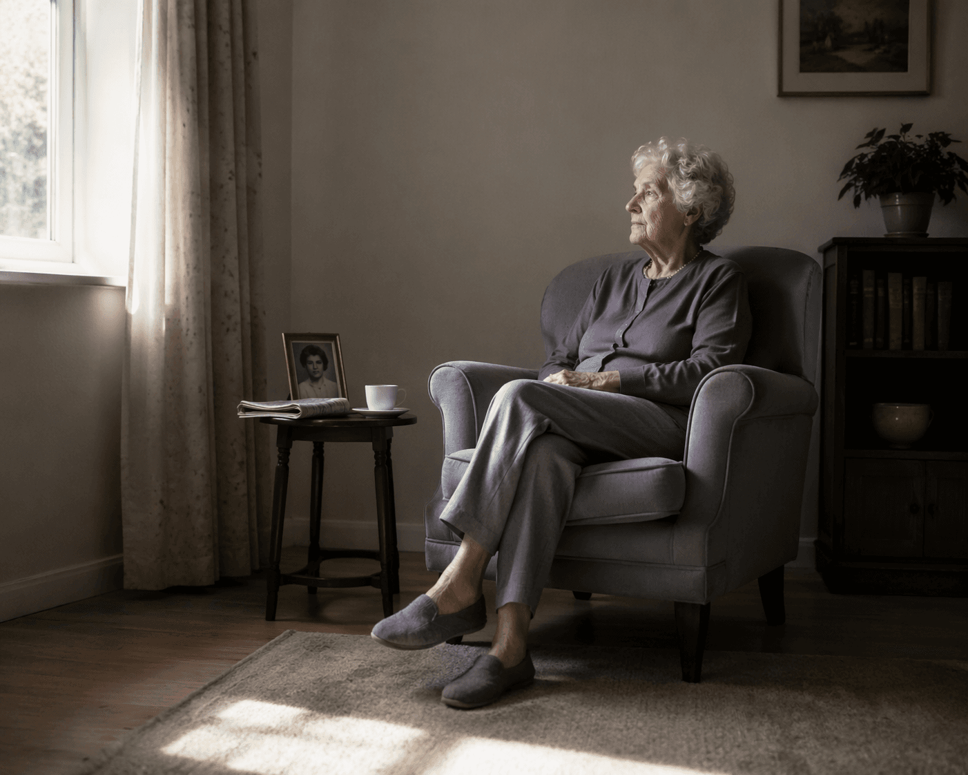 An older woman sitting alone in a quiet living room beside a window