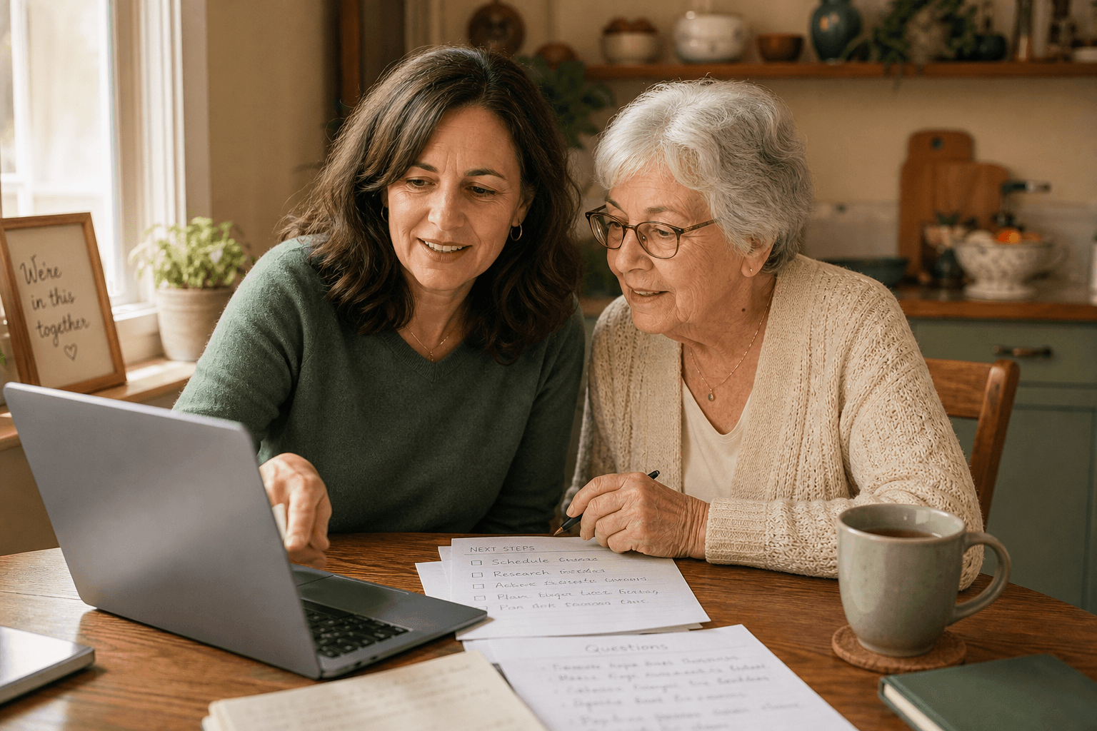 A middle-aged daughter and her elderly mother sit together at a cozy kitchen table with a laptop open and handwritten papers spread out, reviewing care planning information together in warm natural light.