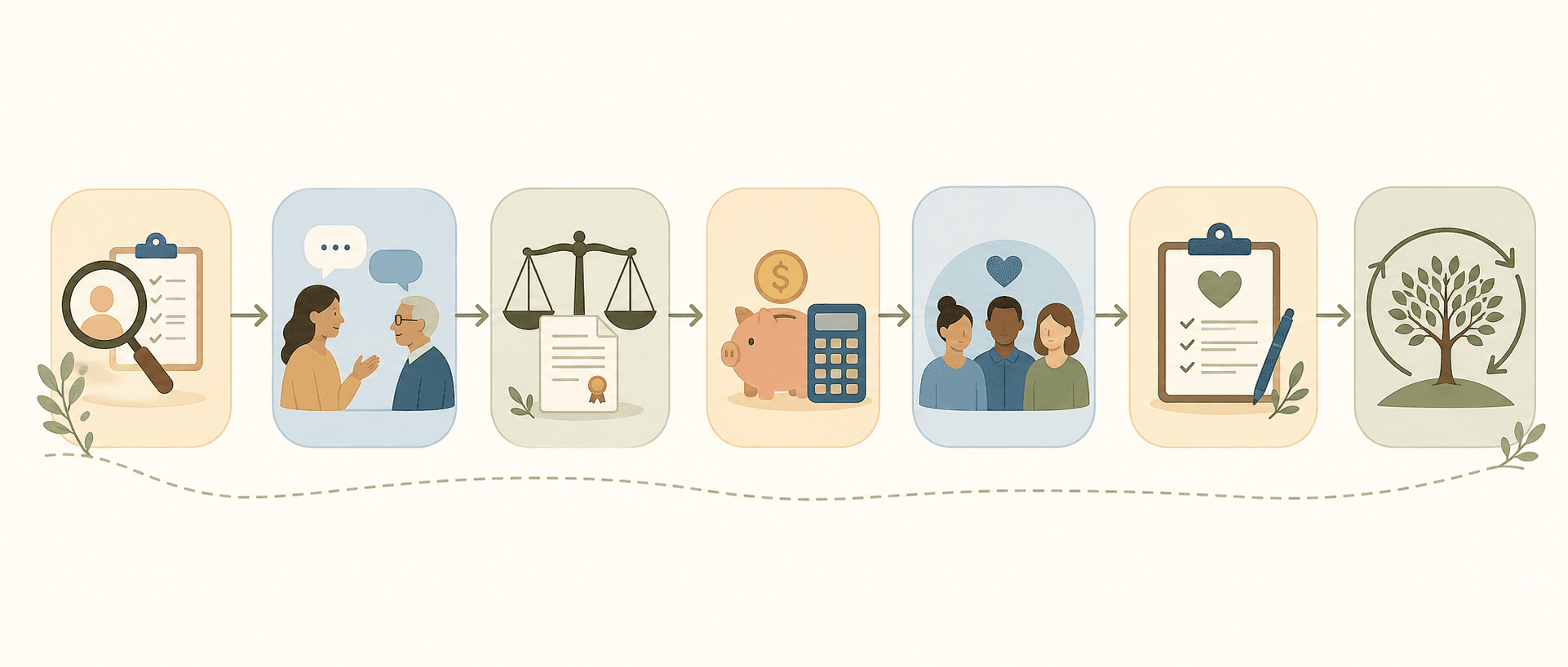 A horizontal flow diagram with seven icon-based domains connected by arrows: Observe, Converse, Legalize, Finance, Build a Team, Create a Care Plan, and Sustain.