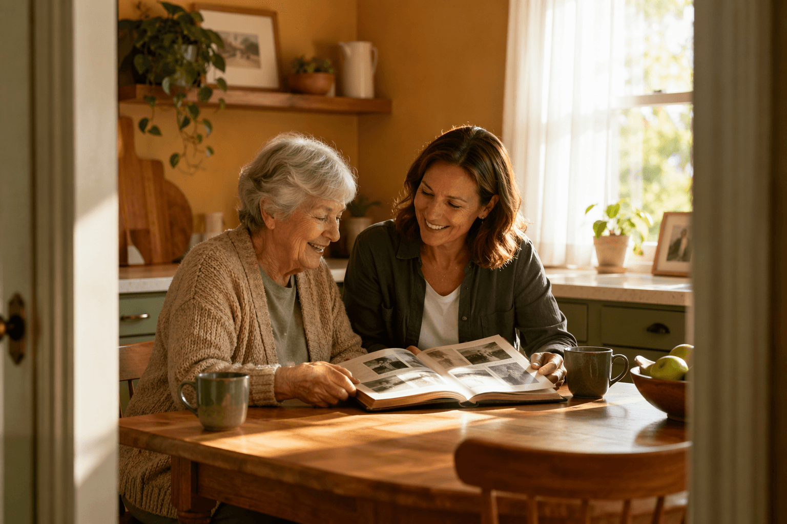 An older adult and a companion sit together at a sunlit kitchen table, looking through a photo album and talking.