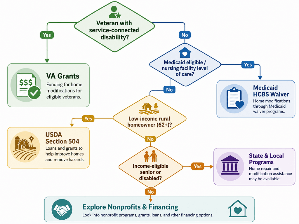 A decision tree flowchart starting with 'Veteran with service-connected disability?' branching left to VA Grants or right through subsequent eligibility diamonds for Medicaid, USDA Section 504, State & Local Programs, and Nonprofits & Financing.