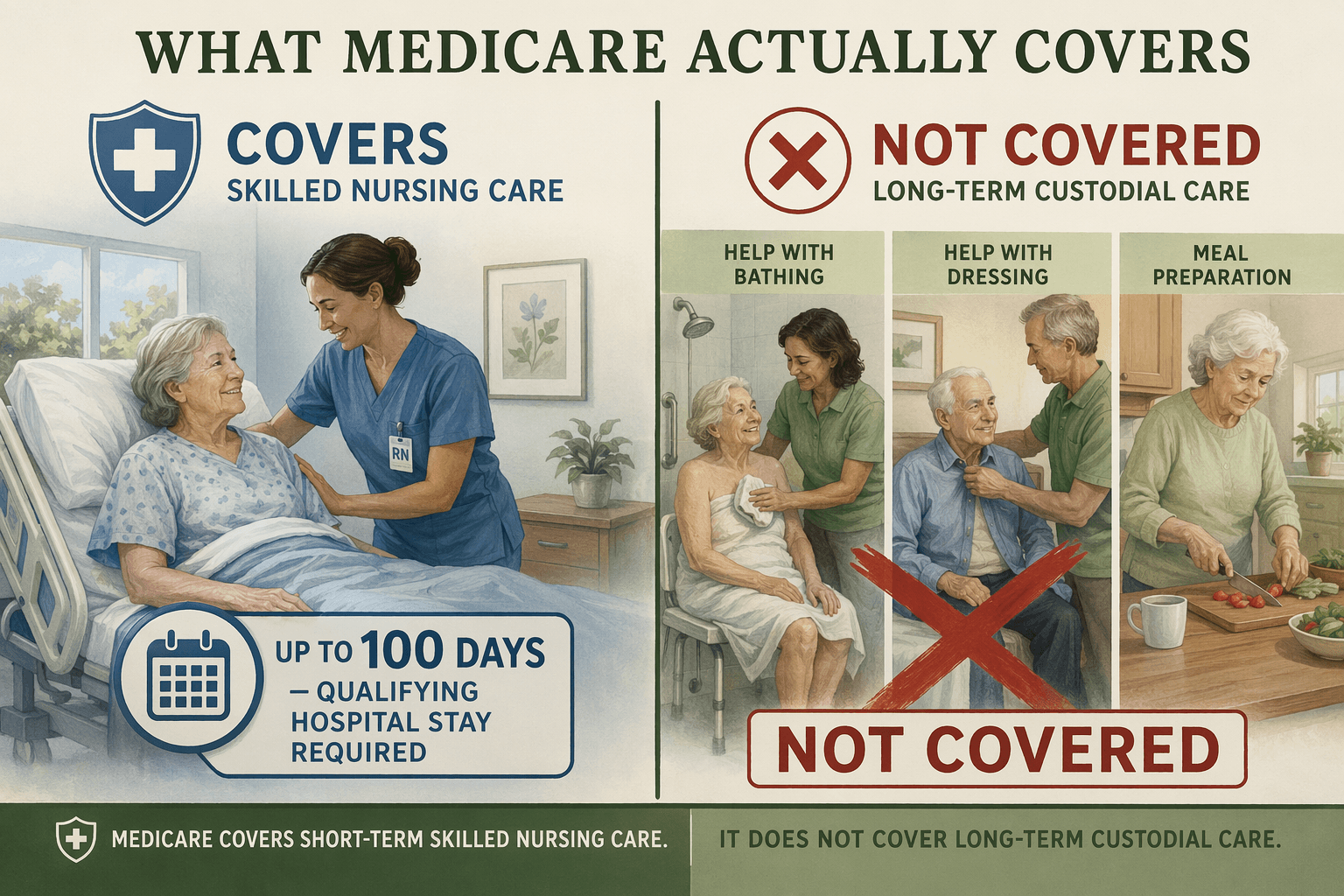 An editorial explanatory illustration showing what Medicare covers on the left side — a nurse attending a patient in a hospital bed with a '100 days' badge — and a red X over daily living scenes (bathing, dressing, meals) on the right side, indicating long-term custodial care is not covered