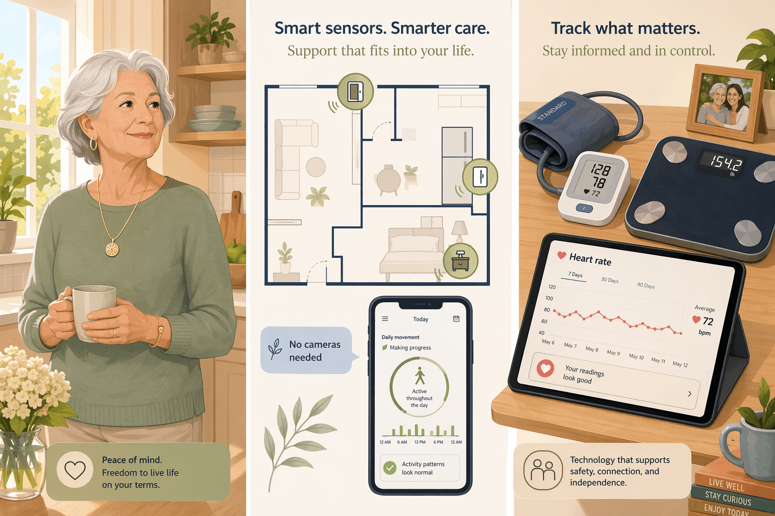 A flat vector illustration divided into three zones: left shows an older adult in a sunlit kitchen wearing a discreet pendant; center shows a home floorplan with sensor icons and a smartphone with movement patterns; right shows a blood pressure cuff and scale next to a tablet with a heart-rate trend graph.