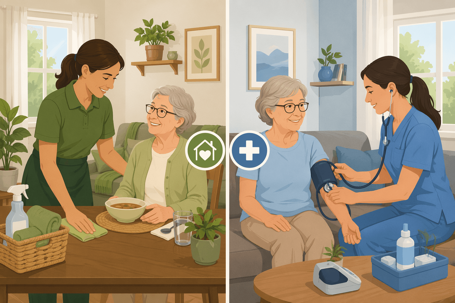 A side-by-side comparison of non-medical home care (left) and medical home health care (right) in a home setting.