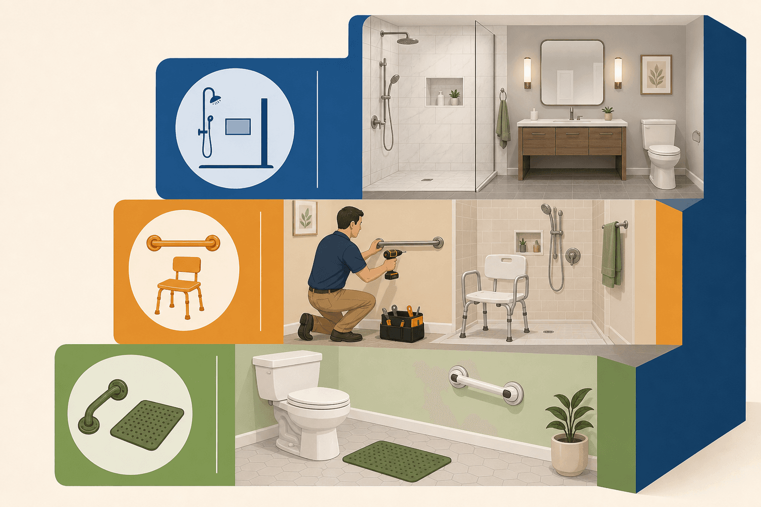 Illustration of three ascending tiers of bathroom safety modifications arranged as a staircase, from simple non-slip mats at the bottom to a full curbless shower renovation at the top.