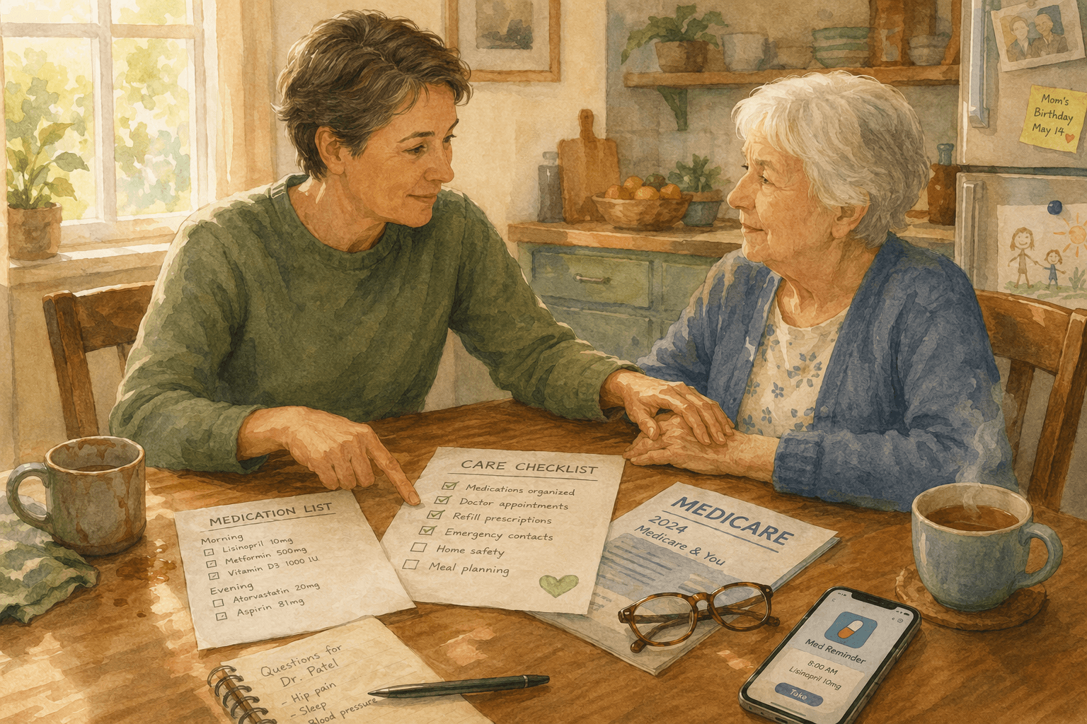 An adult child and an elderly parent sit at a kitchen table with care documents, a medication list, and a smartphone, discussing a care plan.