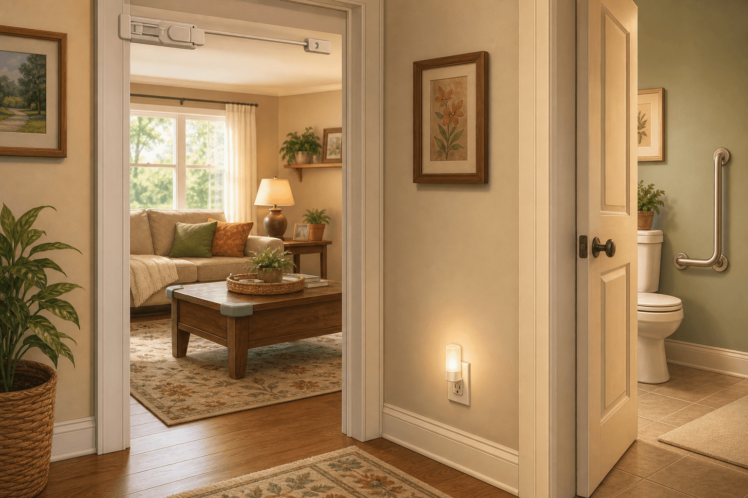 A dementia-adapted home hallway with a childproof door lock, nightlight, rubber edge guard on a coffee table, and a bathroom door ajar showing a grab bar.