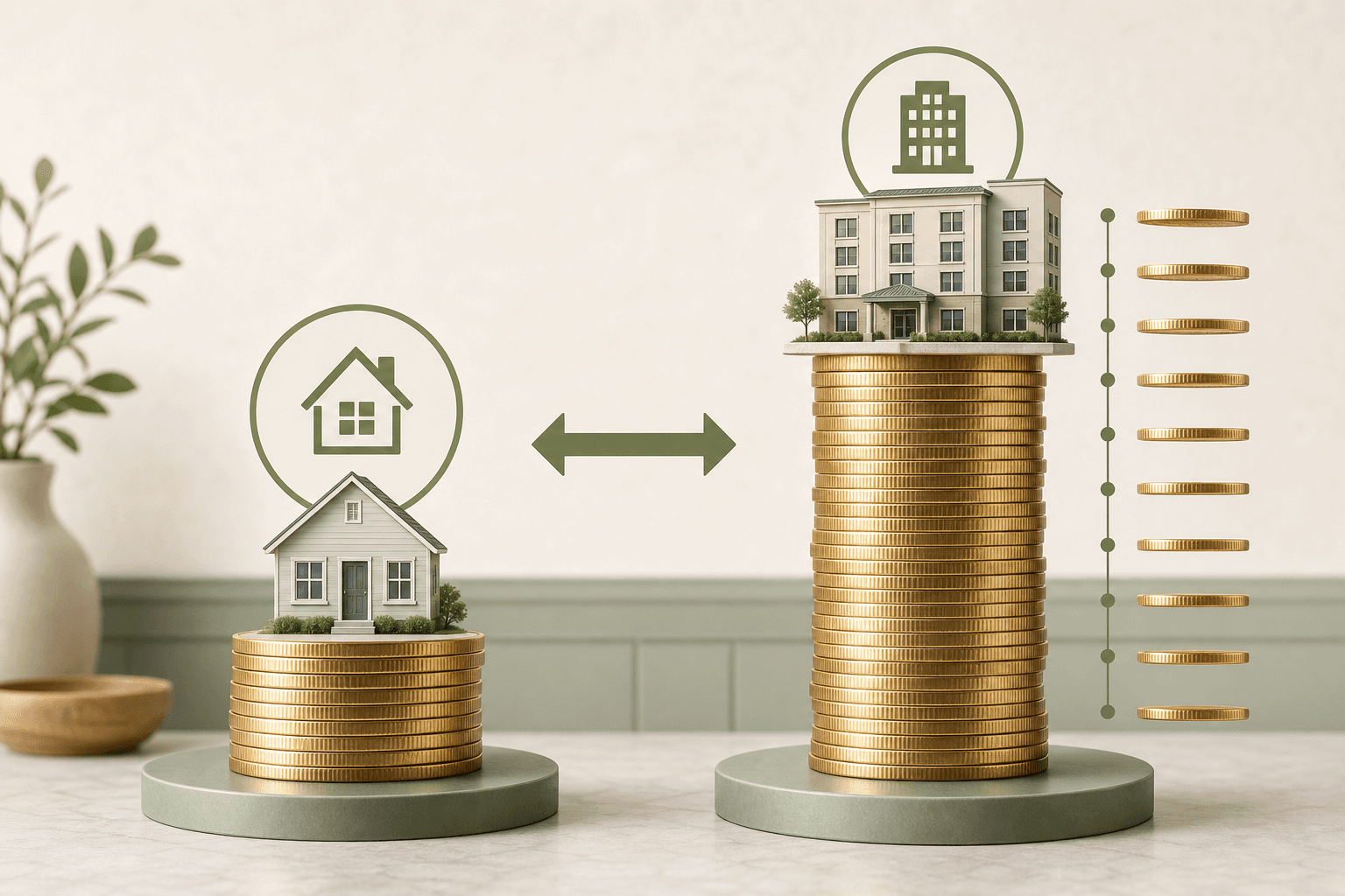 Editorial financial comparison illustration showing a single stack of gold coins with a house icon representing a one-time remodel cost on the left, balanced against a taller recurring column of coins with monthly markers and a building icon representing assisted living costs on the right