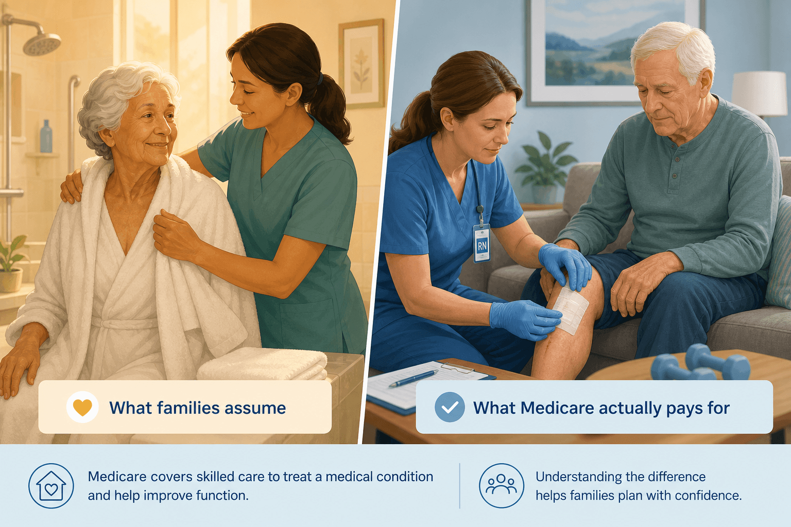 Split-screen illustration contrasting what families assume Medicare covers (custodial care) with what Medicare actually pays for (skilled medical care).