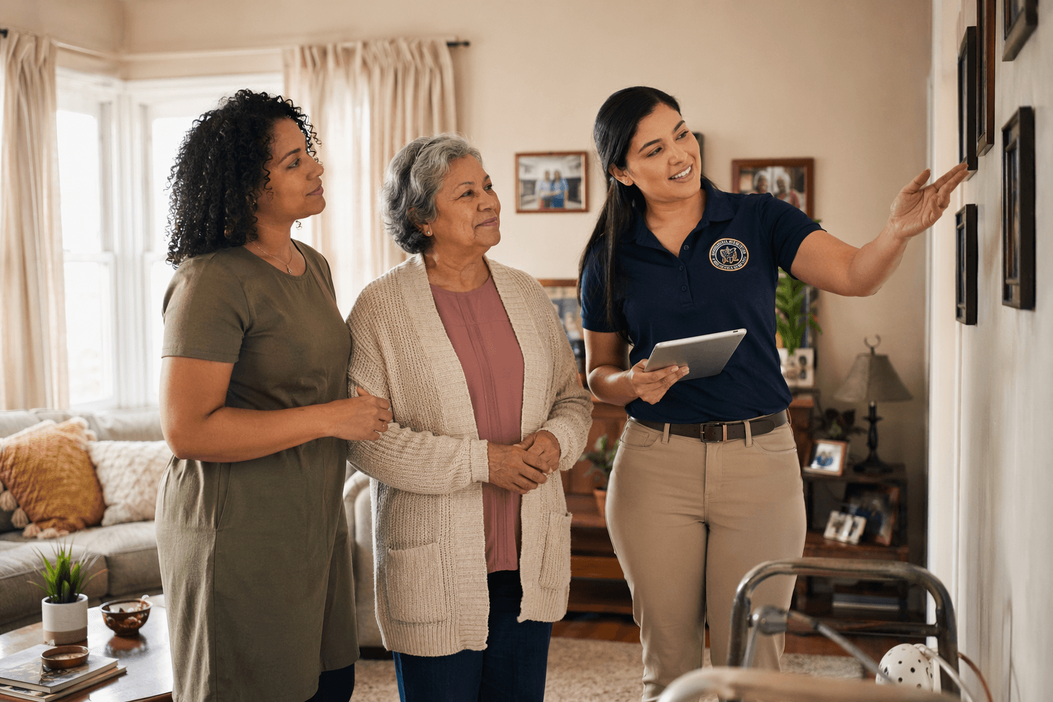 A CAPS-certified specialist in a polo shirt with a small badge points to a wall location while holding a tablet during a home safety assessment. An older woman and her adult daughter sit together in a sunlit living room with homey decor, looking engaged and reassured.