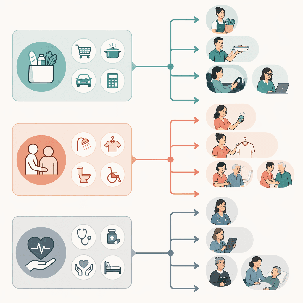Decision framework linking IADLs, ADLs, and clinical or end-of-life support to caregiver types