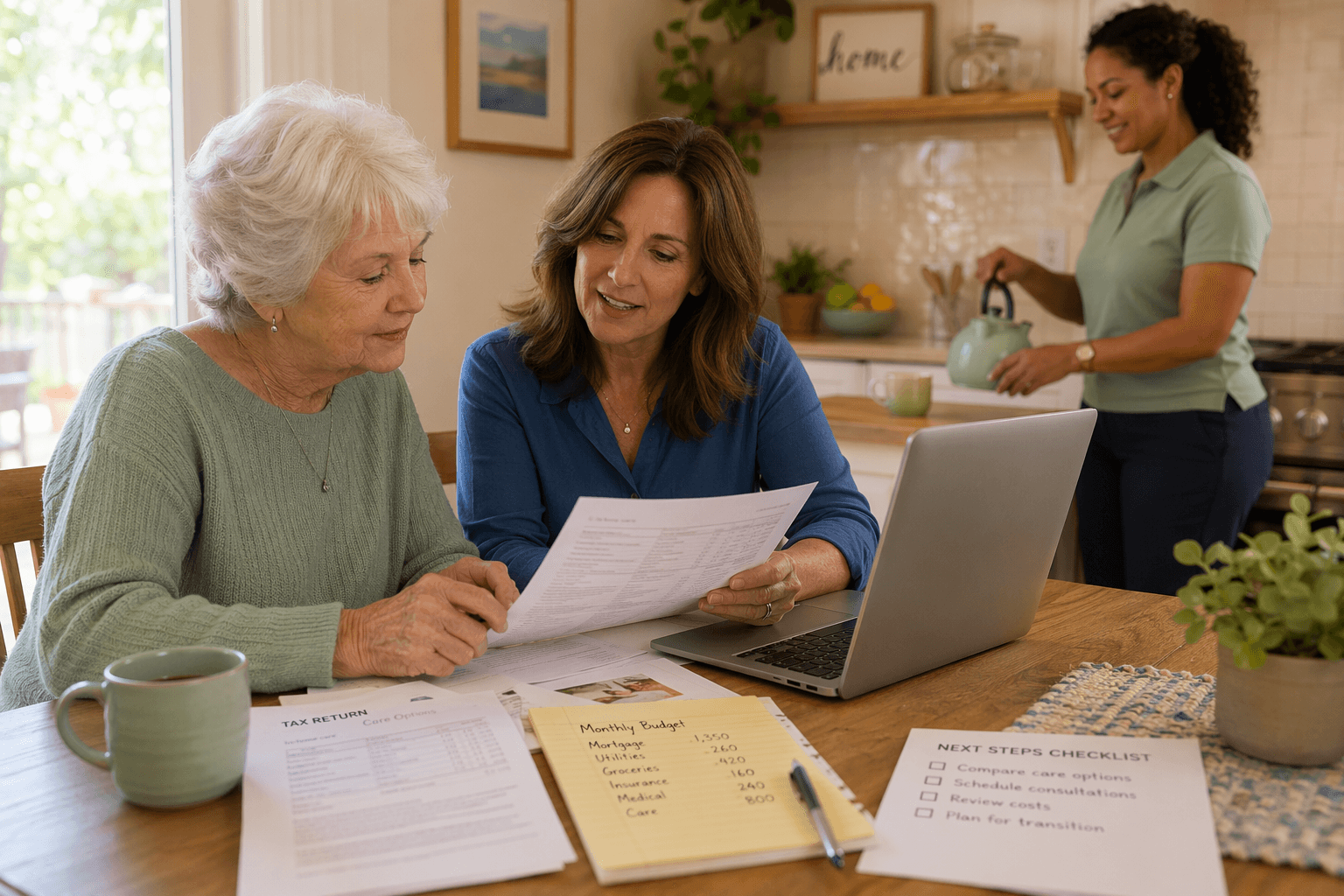 A middle-aged adult daughter sits at a warm kitchen table with her elderly mother, reviewing papers and a laptop. In the background, a professional home caregiver prepares tea.