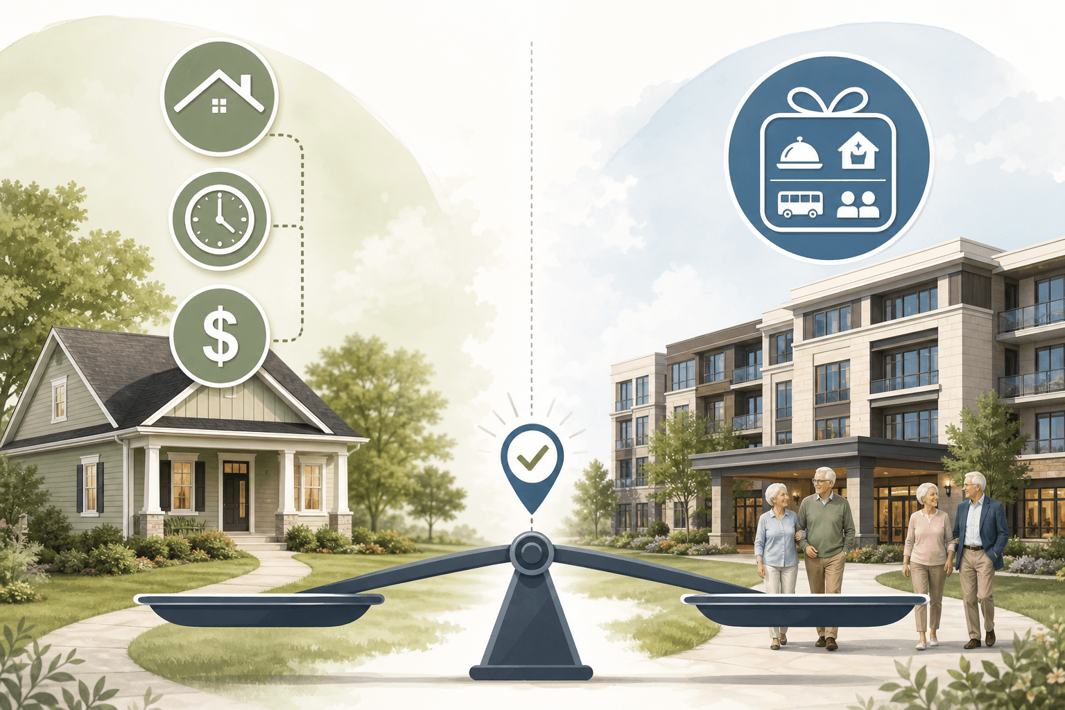 Split-diagram illustration comparing the stacked costs of aging in place against the all-inclusive cost of assisted living, with a breakeven marker at the center.