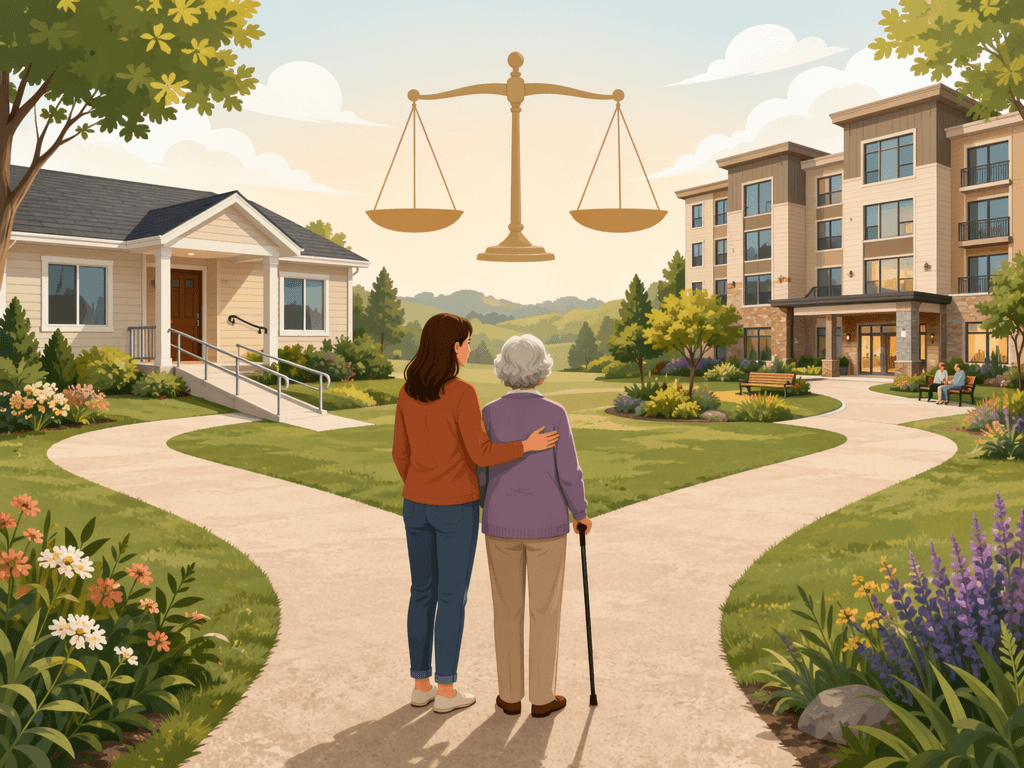 A family consisting of an adult child and older parent stand at a fork in the road; one path leads toward a house with accessibility features, the other toward a modern assisted living building, with a balance scale symbol above suggesting a thoughtful cost comparison decision.