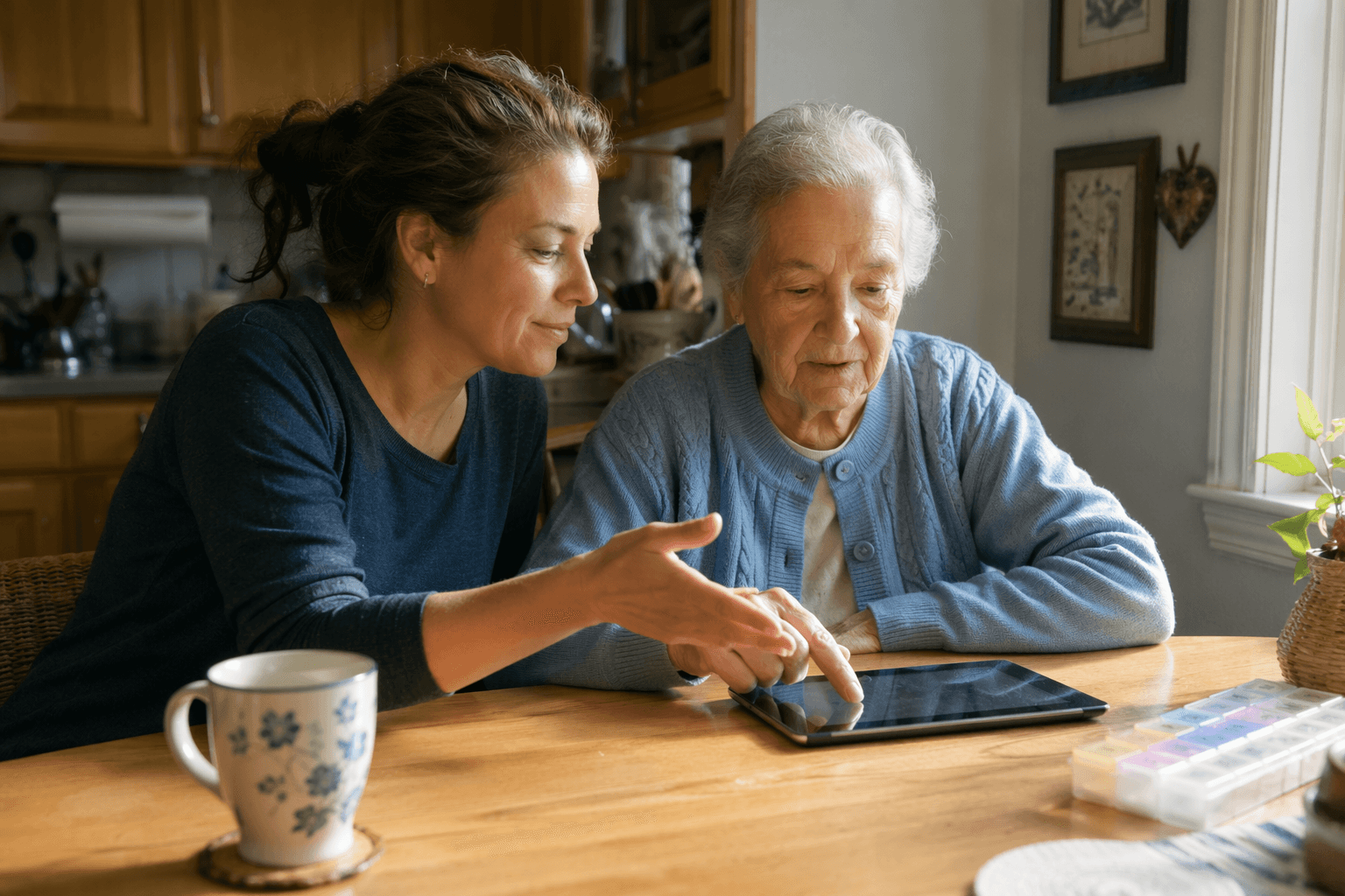 An adult child in their 40s sits beside their older parent at a kitchen table, both looking at a tablet. The parent tentatively touches the screen while the child gestures patiently. Natural light, a coffee mug, and a pill organizer are on the table.