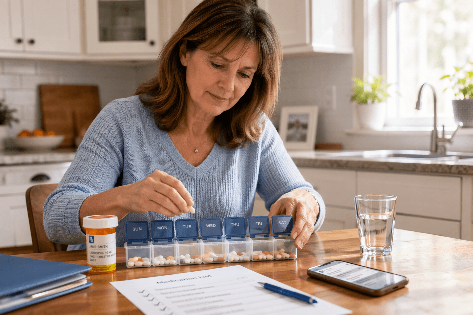 A woman in her 40s–50s sits at a home kitchen table with soft natural light, her hands sorting pills into a multi-compartment weekly pill organizer.