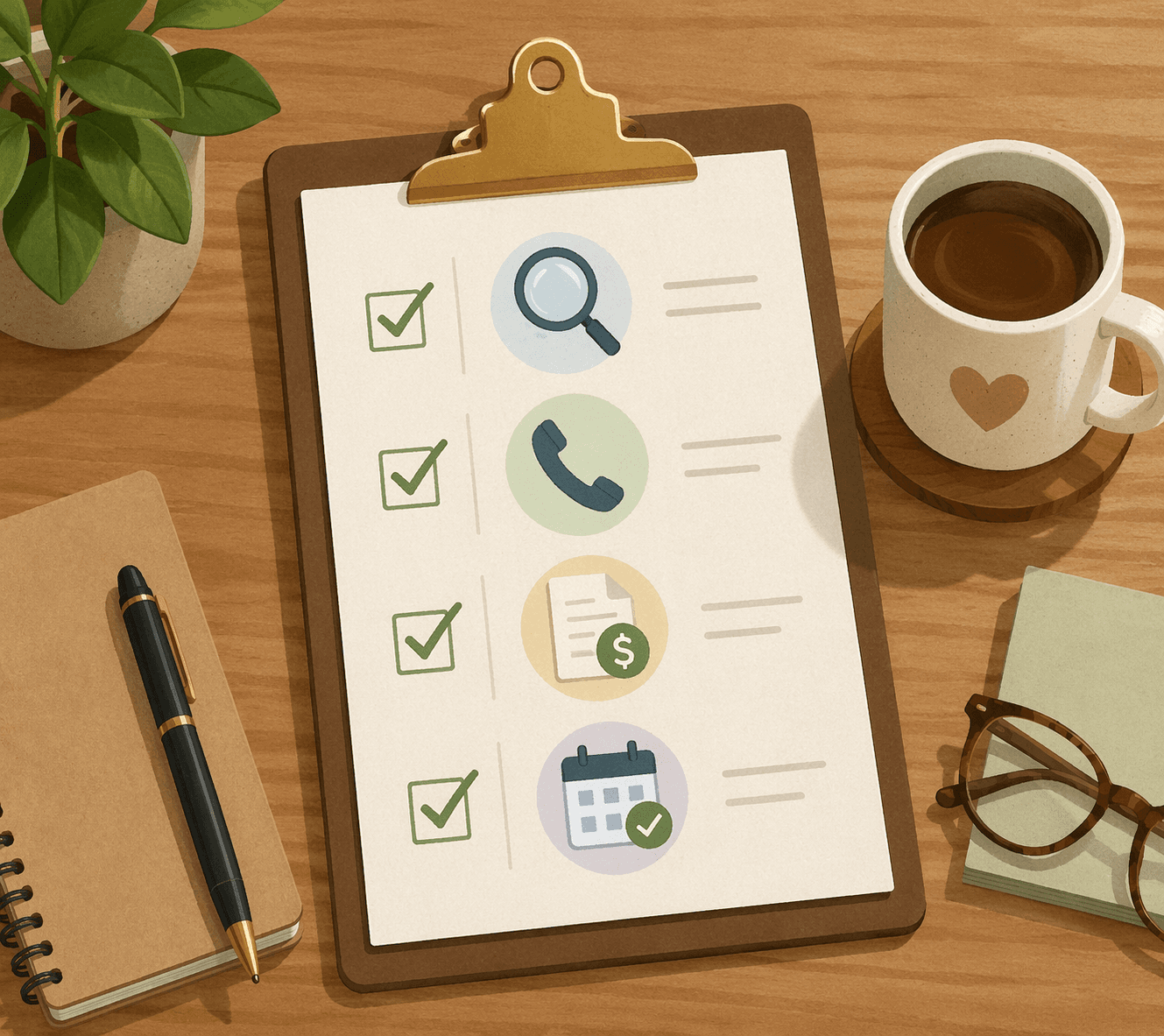 An illustration of a desk with a clipboard showing checkmarks for background checks, reference calls, legal paperwork, and a trial period.