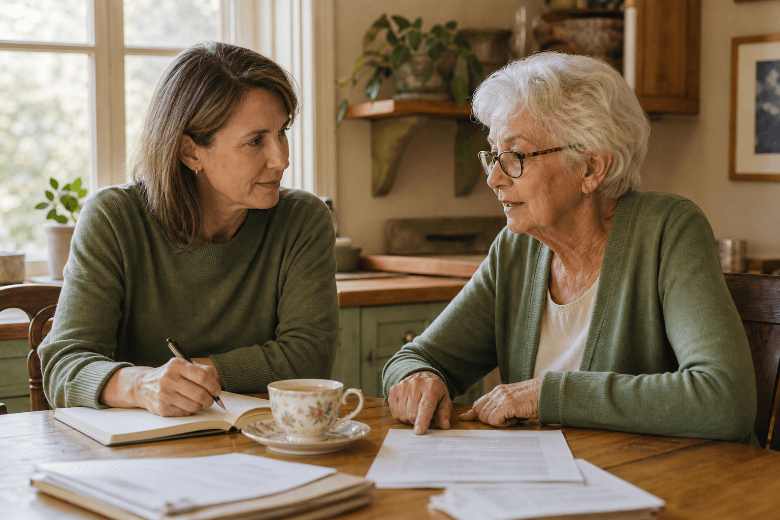 An adult child in their 40s-50s sits at a sunlit kitchen table with an elderly parent who wears reading glasses and points at a document. A notebook, pen, and cup of tea rest on the table.