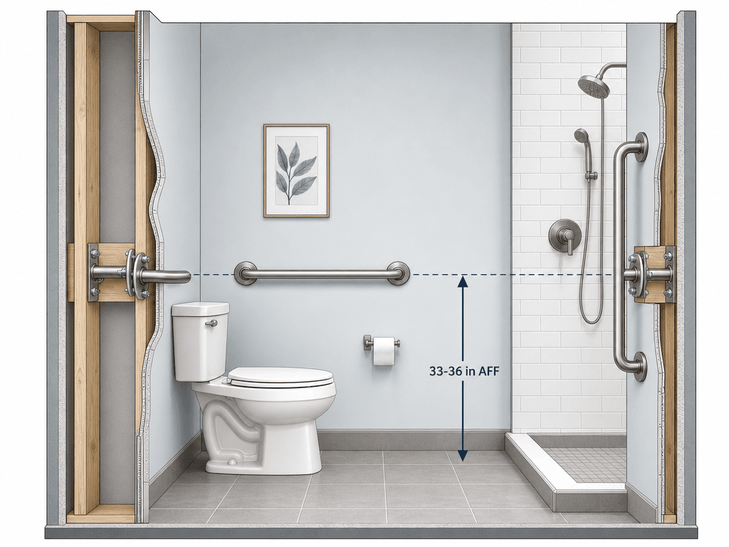 Architectural cross-section diagram showing grab bars mounted at 33-36 inches above finished floor with cutaway view revealing stud mounting, including horizontal bar beside toilet and vertical bar at shower entry