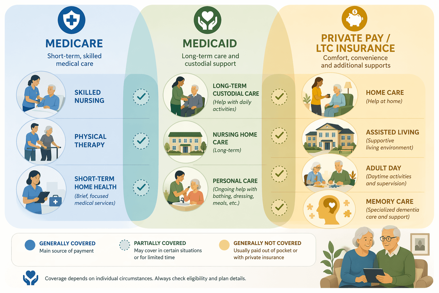 A flat vector illustration with three color-coded columns: warm blue column (Medicare) showing icons for skilled nursing, physical therapy, and short-term home health; sage green column (Medicaid) showing icons for long-term custodial care and nursing home; warm gold column (private pay/LTC insurance) showing icons for home care, assisted living, adult day, and memory care. Partial overlaps between columns indicate shared coverage areas.