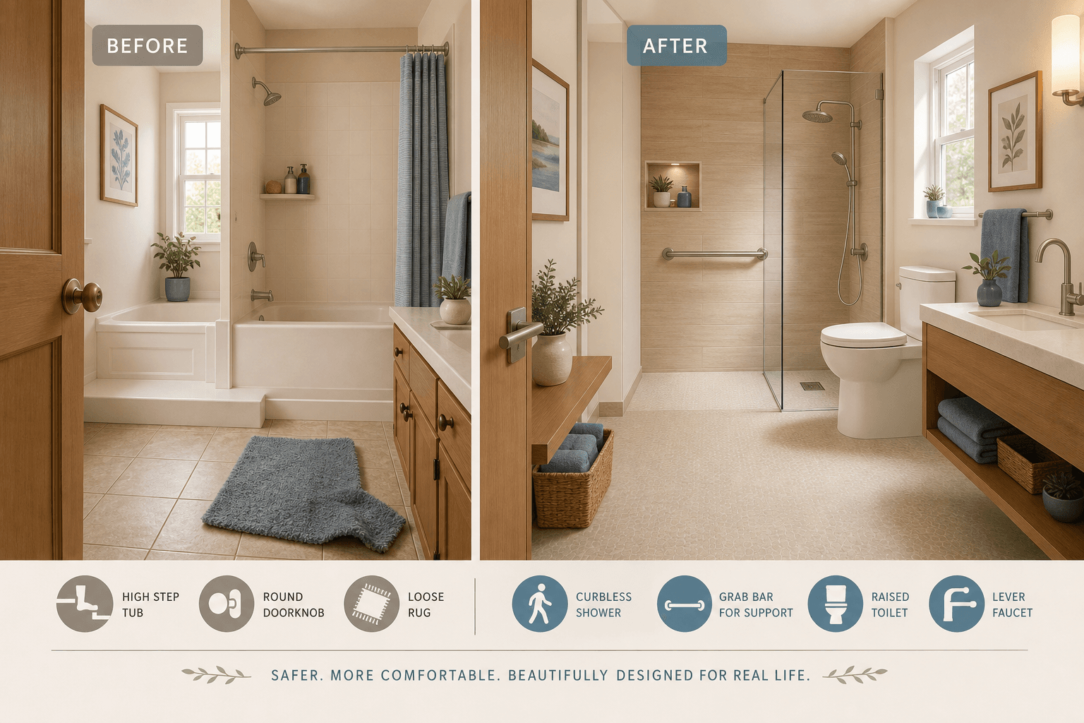Split-view illustration of a bathroom before and after aging-in-place modifications, showing fall hazards replaced with accessible features.